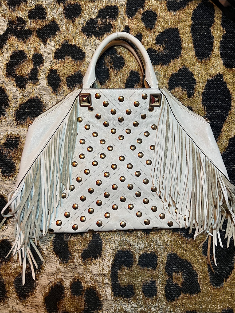 Rebecca Minkoff White Fringe Studded Satchel with Gold Accents